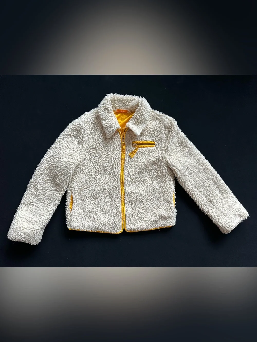Tory Burch Cream Yellow Faux Sherpa Jacket with Yellow Trim XS
